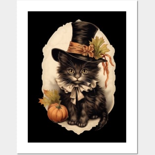 Vintage Halloween Cute Black Kitten Posters and Art